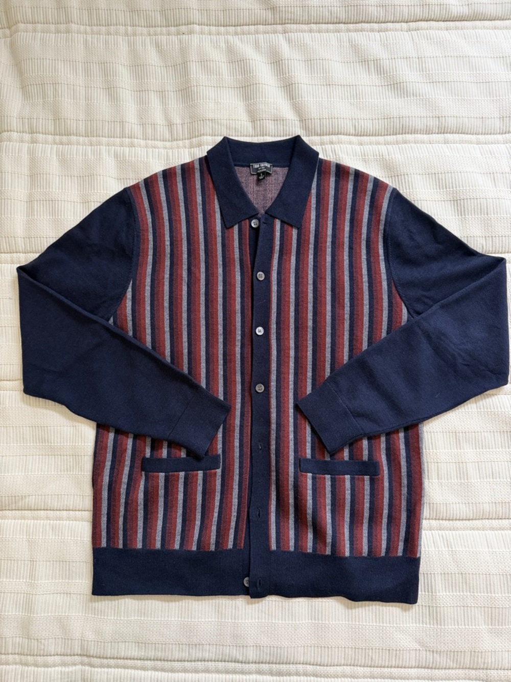 Todd Snyder Men's Navy & Burgundy Striped Button-Up Sweater Cardigan